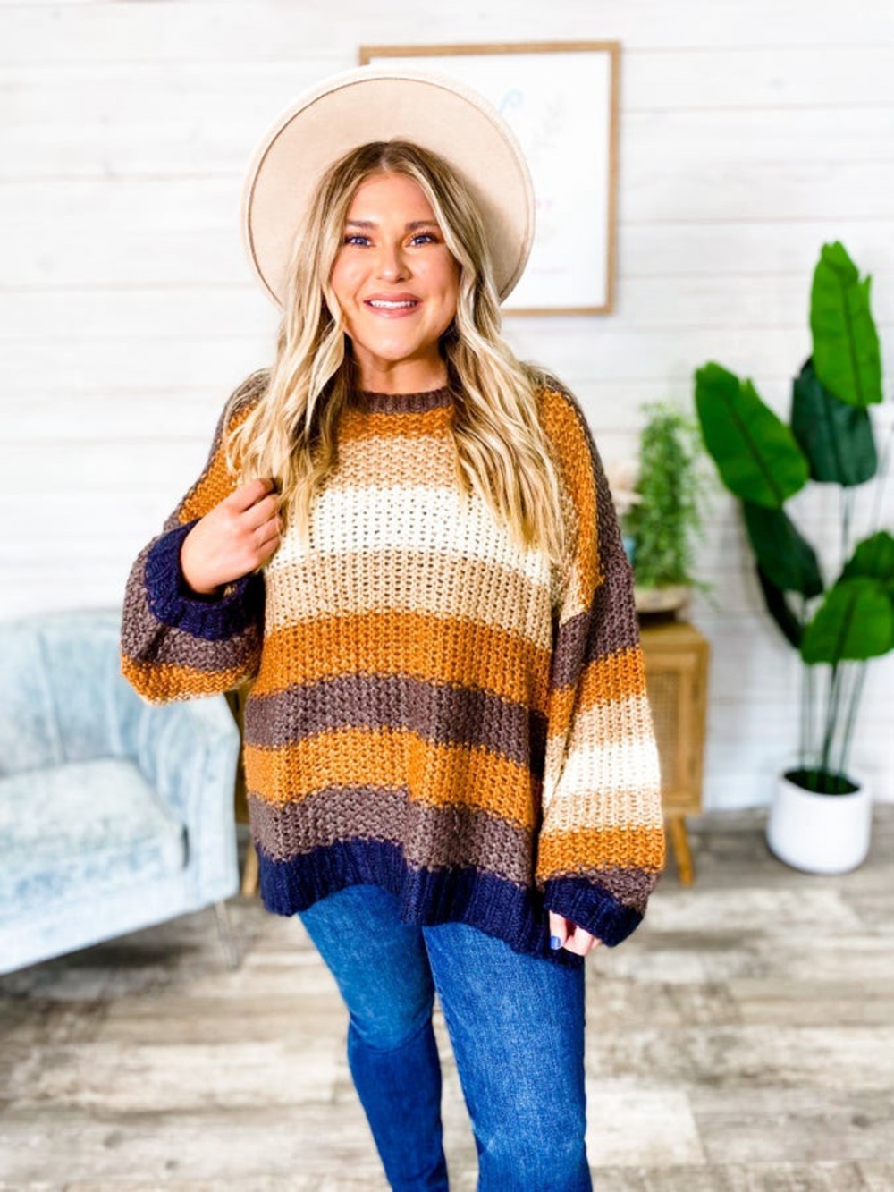 GGO Women's Striped Knit Sweater - Brown, Cream, Orange
